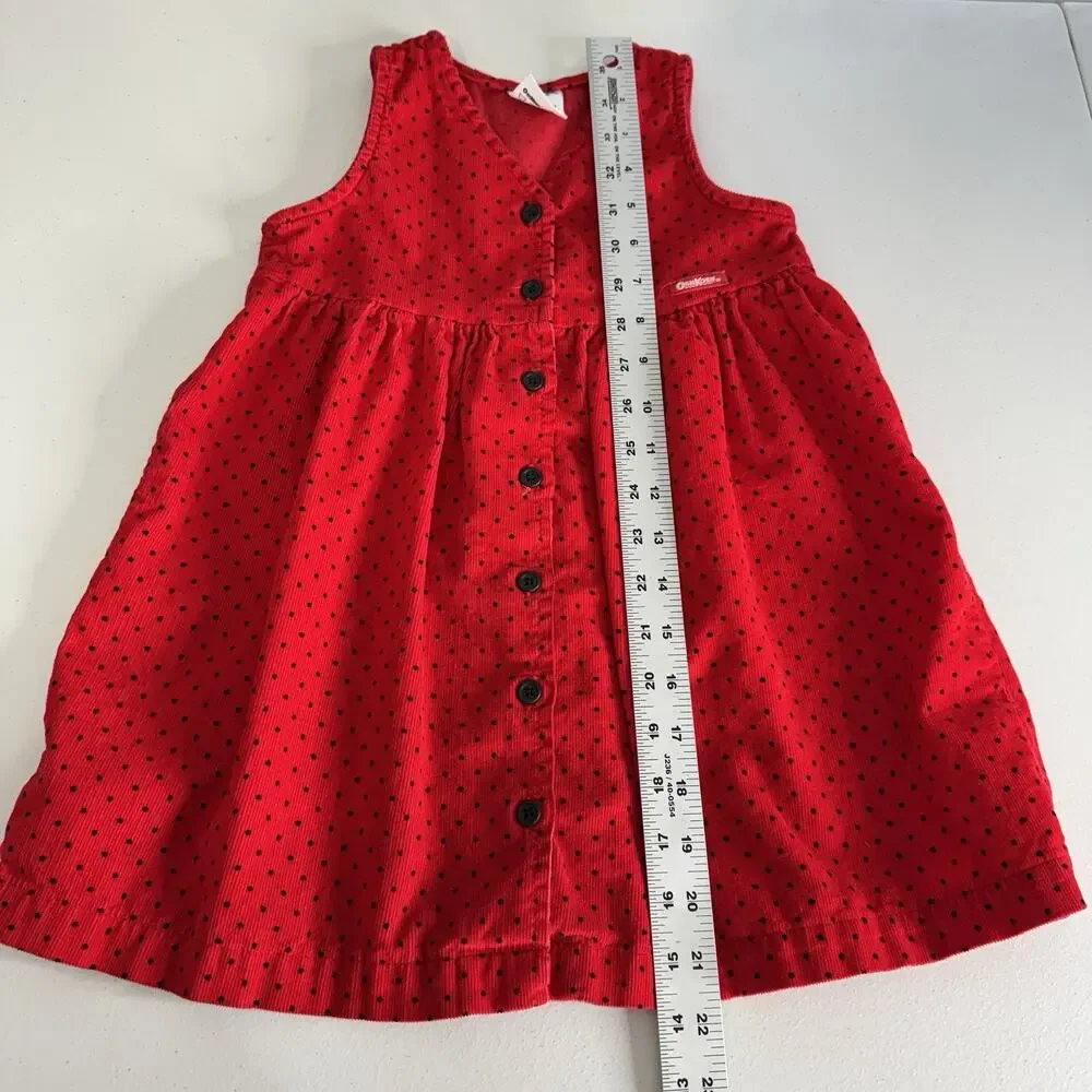 Vintage OshKosh B’gosh Dress Girl 4T Red Polka Dot Corduroy Button Cottage Retro